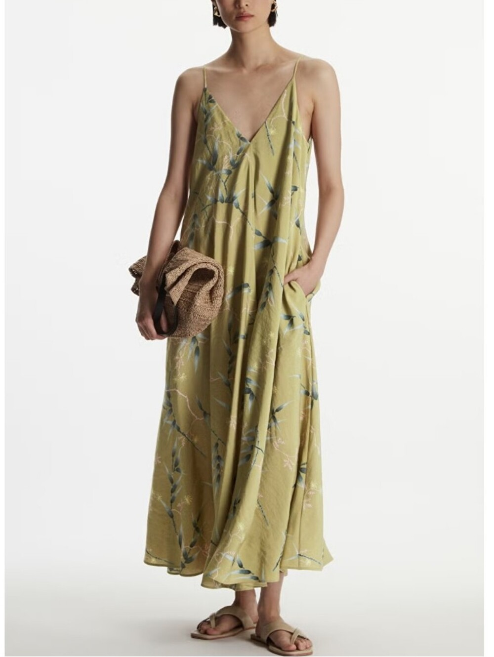 COS V-Neck Slip Dress Chinoiserie Floral Leaf Green Voluminous Midi Size 6